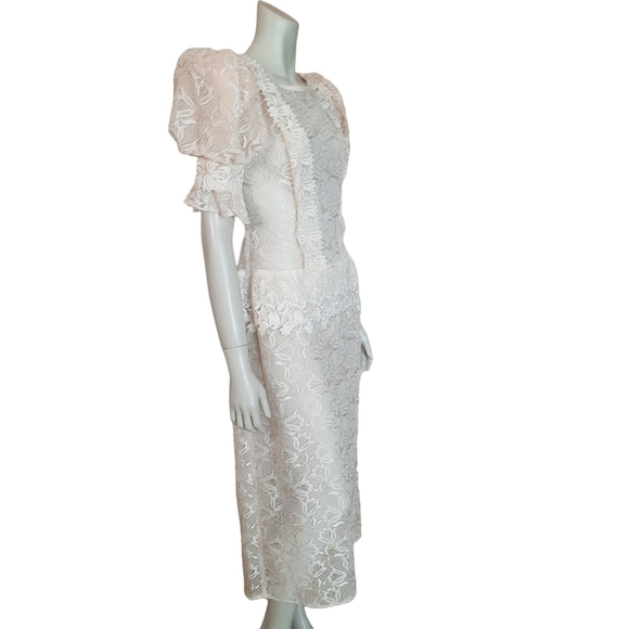 Vintage Early 90s Sheer Lace Dress size Small Puff Sleeve Drop Waist Unlined - Picture 5 of 9